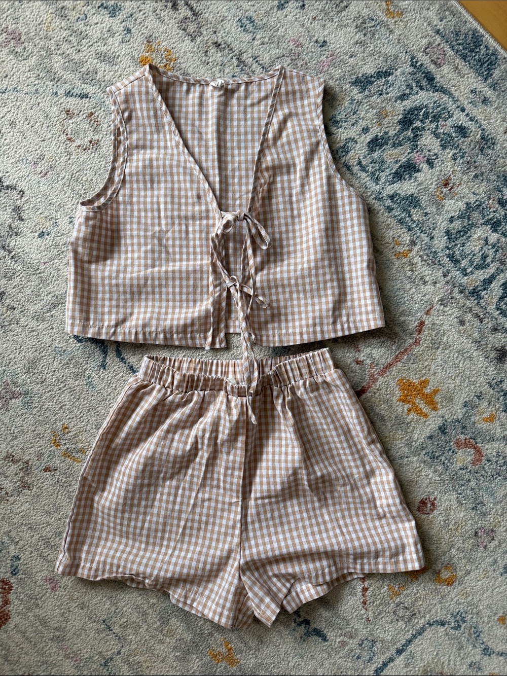 Amazon Beige and White Gingham Tie-Front Summer Set